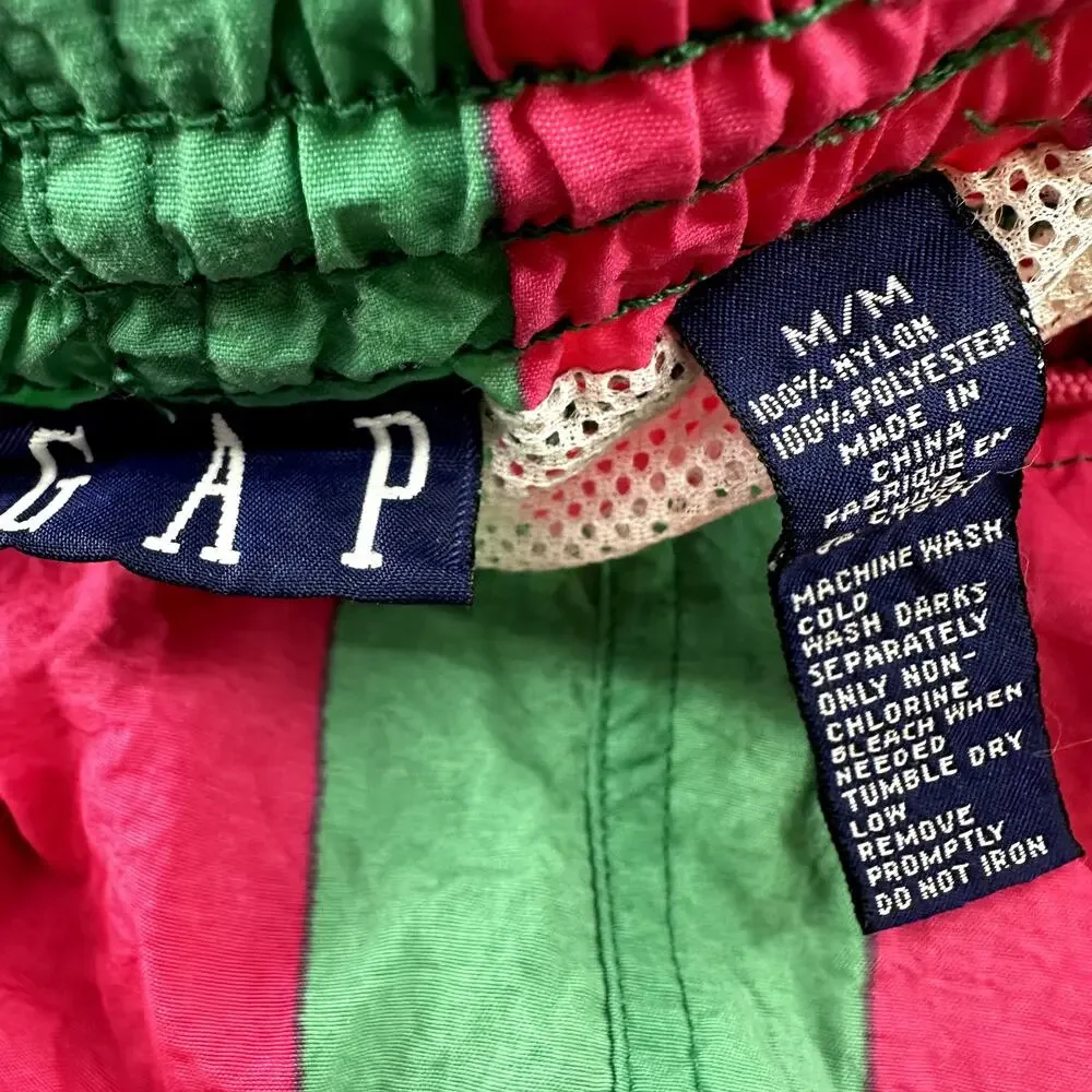 Vintage Gap Striped Swim Shorts 90s Drawstring Pocket Y2K Retro Pink Green XS